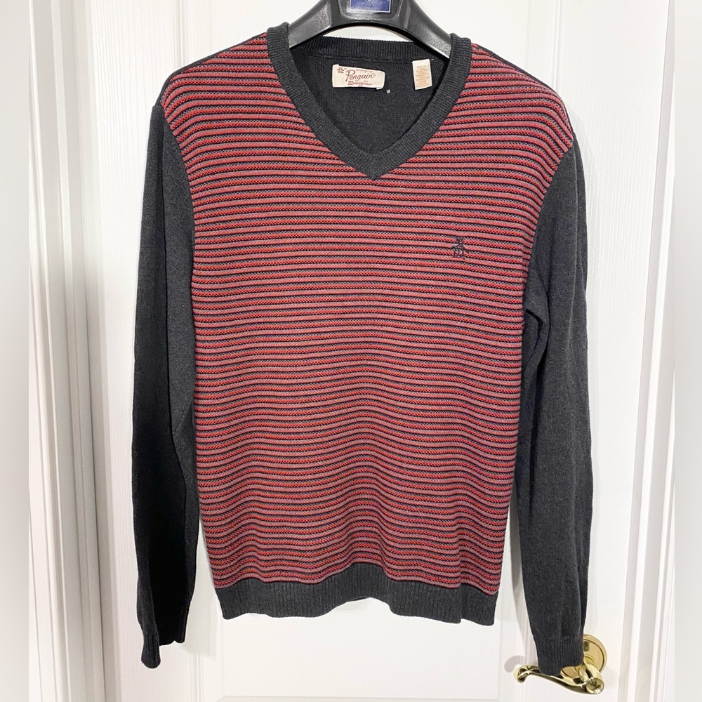 Original Penguin V-Neck Twi Tone Striped Sweater Gray Red Men’s Large